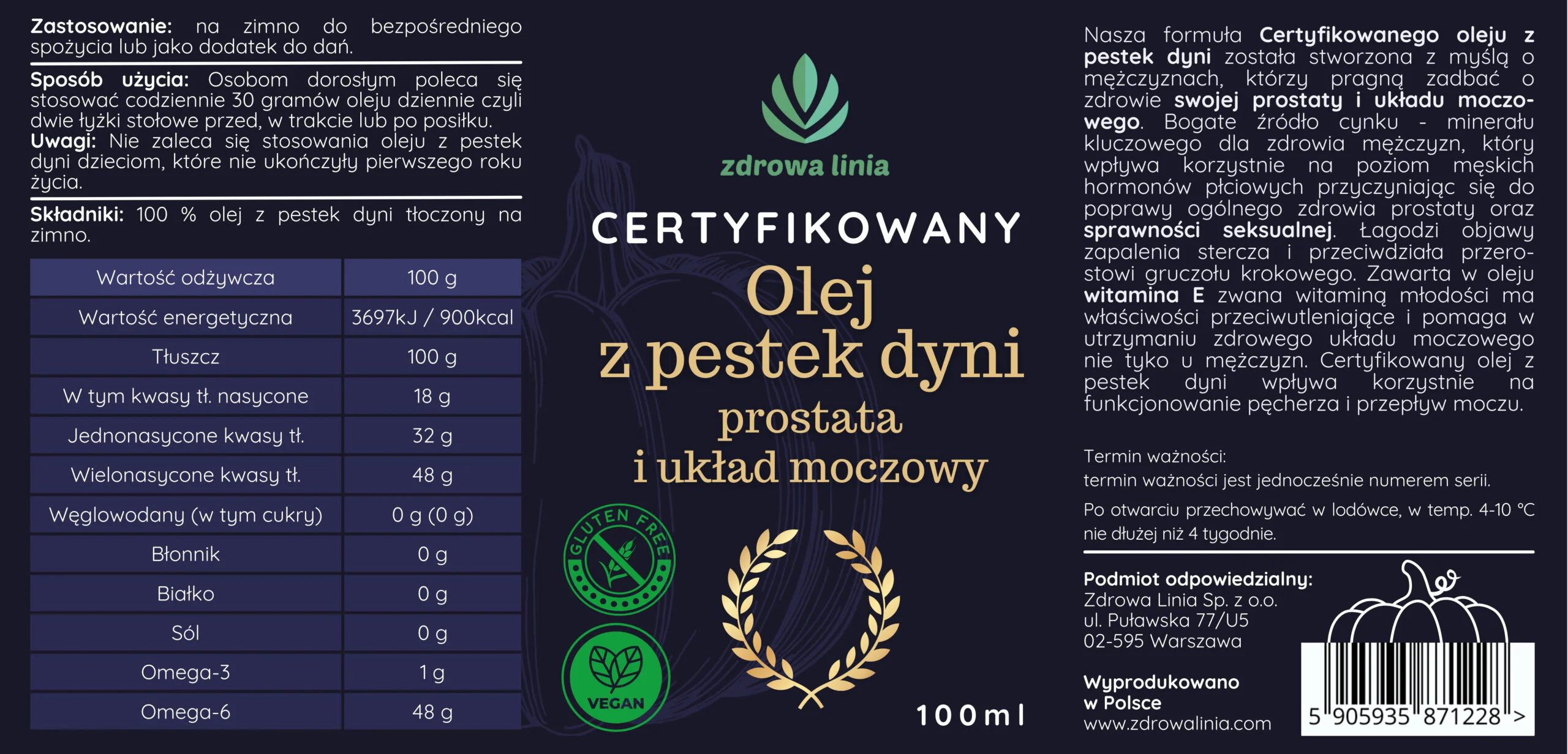 Certyfikowany olej z pestek dyni tłoczony na zimno 100 ml - obrazek 5