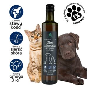 PREMIUM Olej z łososia dla psów i kotów Omega 3 i 6
