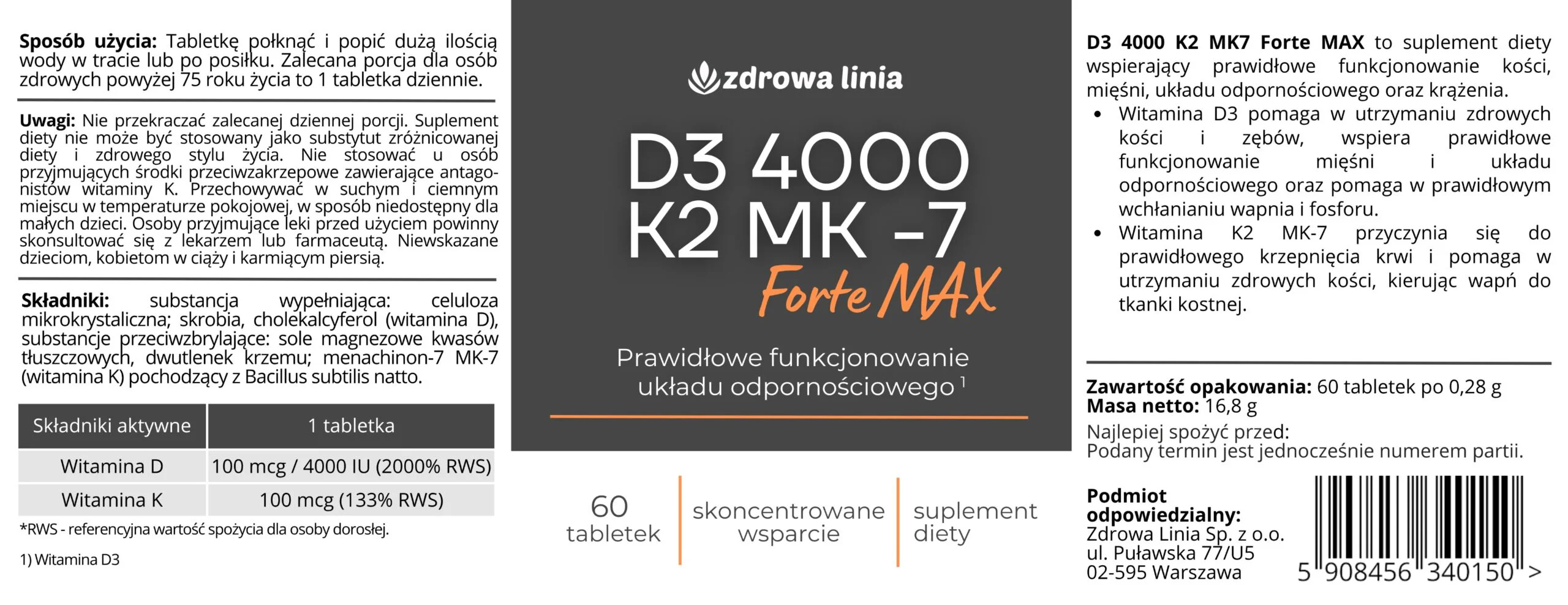 WITAMINA D3+K2 MK-7 FORTE MAX 4000 IU ODPORNOŚĆ SERCE KOŚCI ZĘBY - obrazek 3