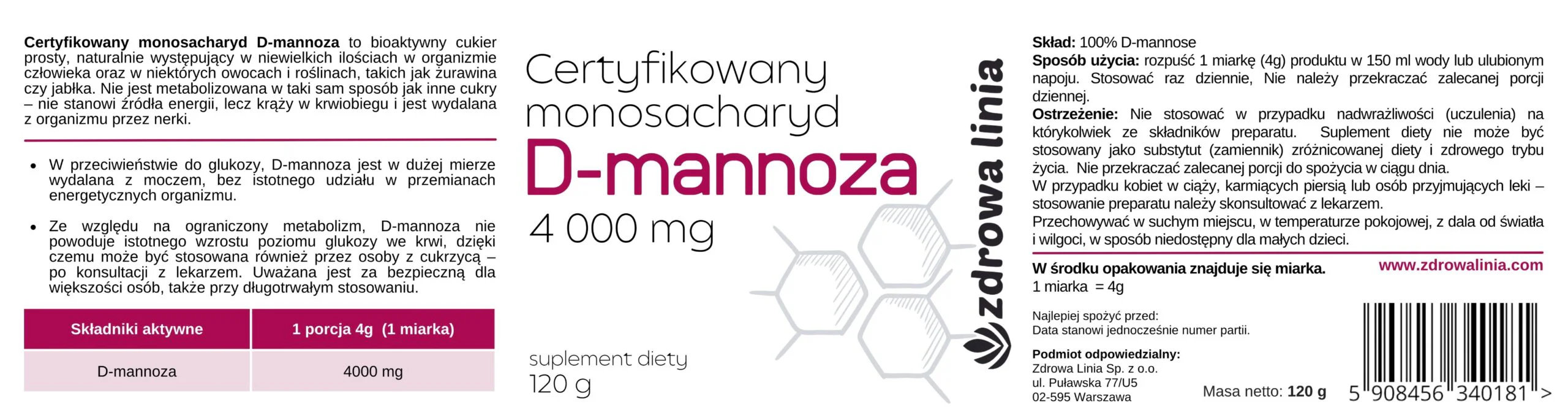D-Mannoza D-mannose 4000 mg CZYSTA bez dodatków 120g Miarka GRATIS - obrazek 5