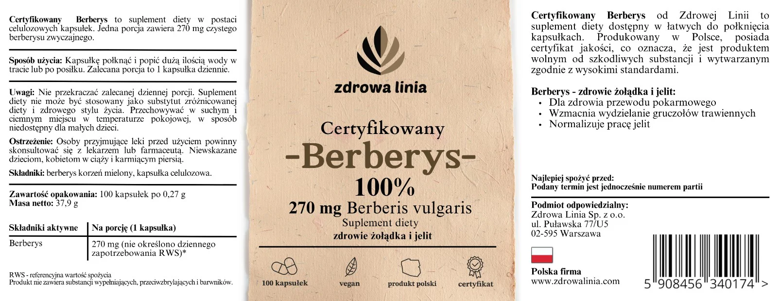 Berberys Certyfikowany Berberis 100% berberysu w kapsułce 100 szt. - obrazek 3