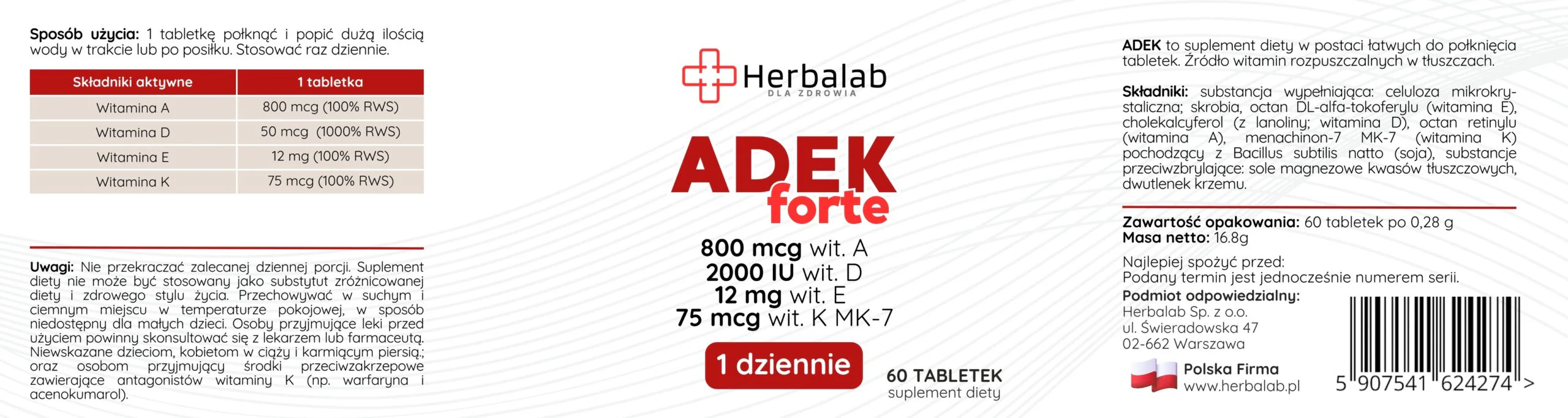 Herbalab ADEK Forte kompleks A,D3,E,K2 MK-7 - 1 tabletka dziennie 60 sztuk - obrazek 5