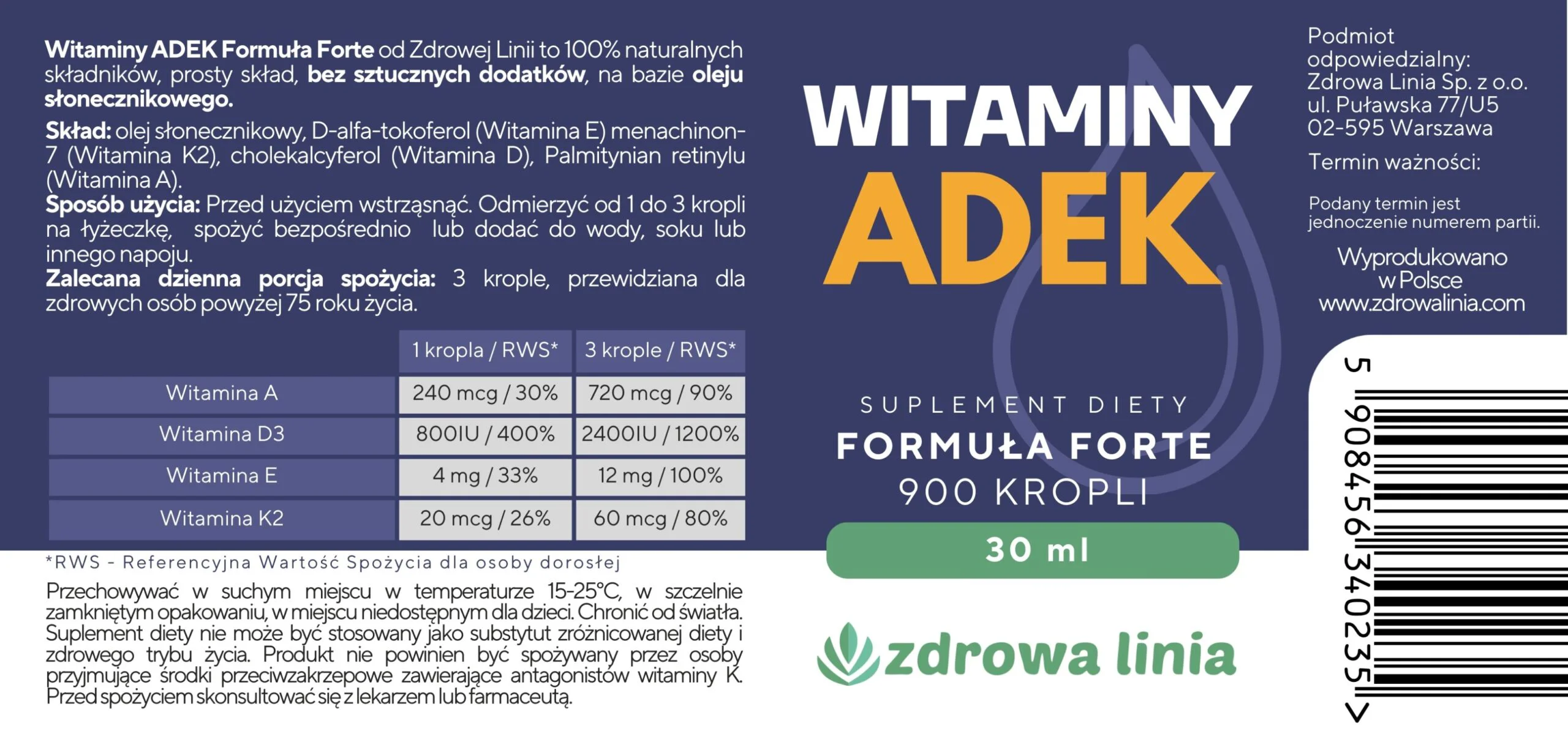 Witamina ADEK forte w kroplach 900 kropli Witaminy A+D3+E+K2 30ml - obrazek 4