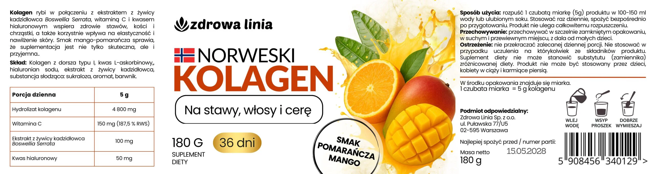 Kolagen Rybi NORWESKI stawy włosy cera smak mango pomarańcza - obrazek 7